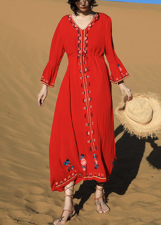 Original Red Embroidered Tie Waist Cotton Long Dresses Fall