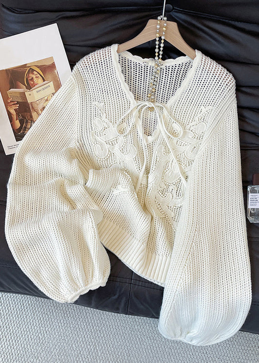 Original White V Neck Lace Up Hollow Out Knit Sweaters Fall