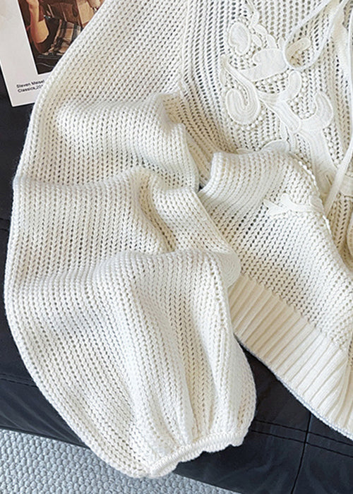 Original White V Neck Lace Up Hollow Out Knit Sweaters Fall