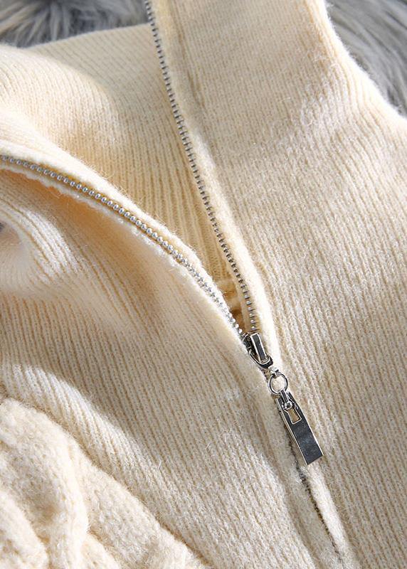 Oversized beige knitted pullover high neck zippered fall fashion knit sweat tops - SooLinen