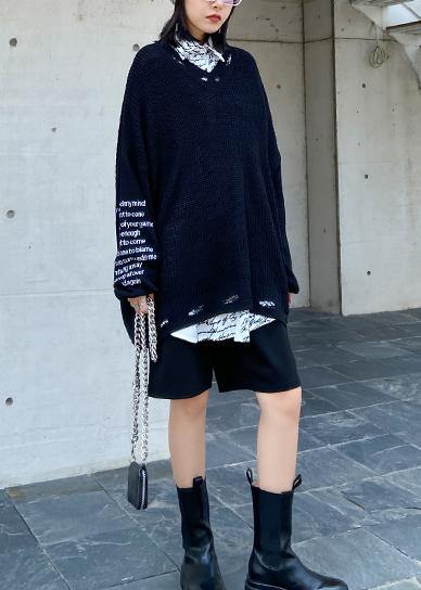 Oversized black Letter knit tops v neck fall fashion sweaters - SooLinen