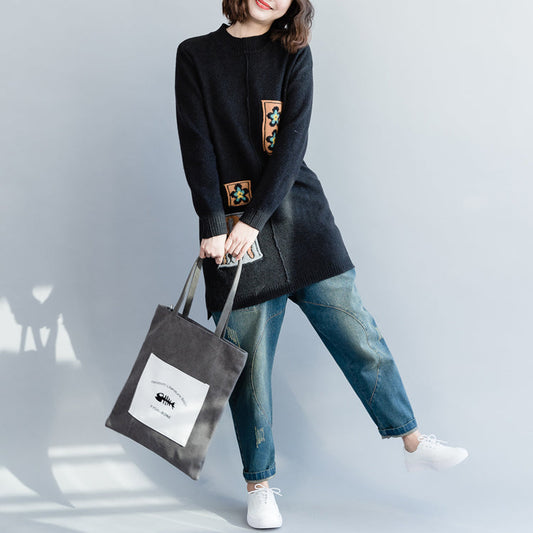 Oversized black Sweater outfit plus size Funny o neck knitted tops