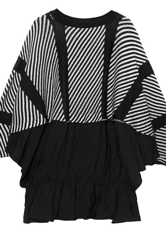 Oversized chocolate striped box top plus size clothing o neck ruffles patchwork knit sweat tops - SooLinen