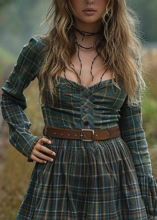 Pastoral Style Plaid Ruffled Long Sleeve Short Dress