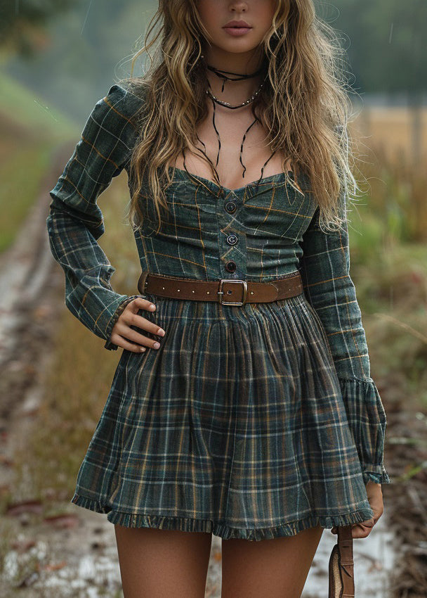 Pastoral Style Plaid Ruffled Long Sleeve Short Dress