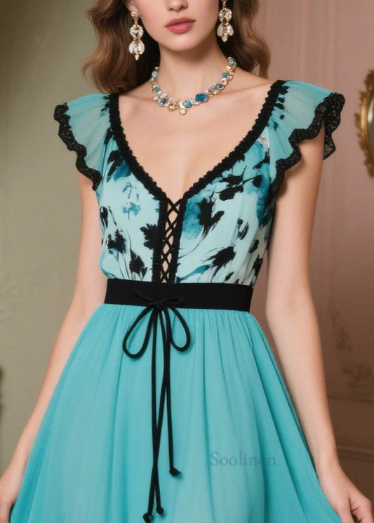 Peacock Blue Patchwork Chiffon Vacation Dresses Exra Large Hem Summer