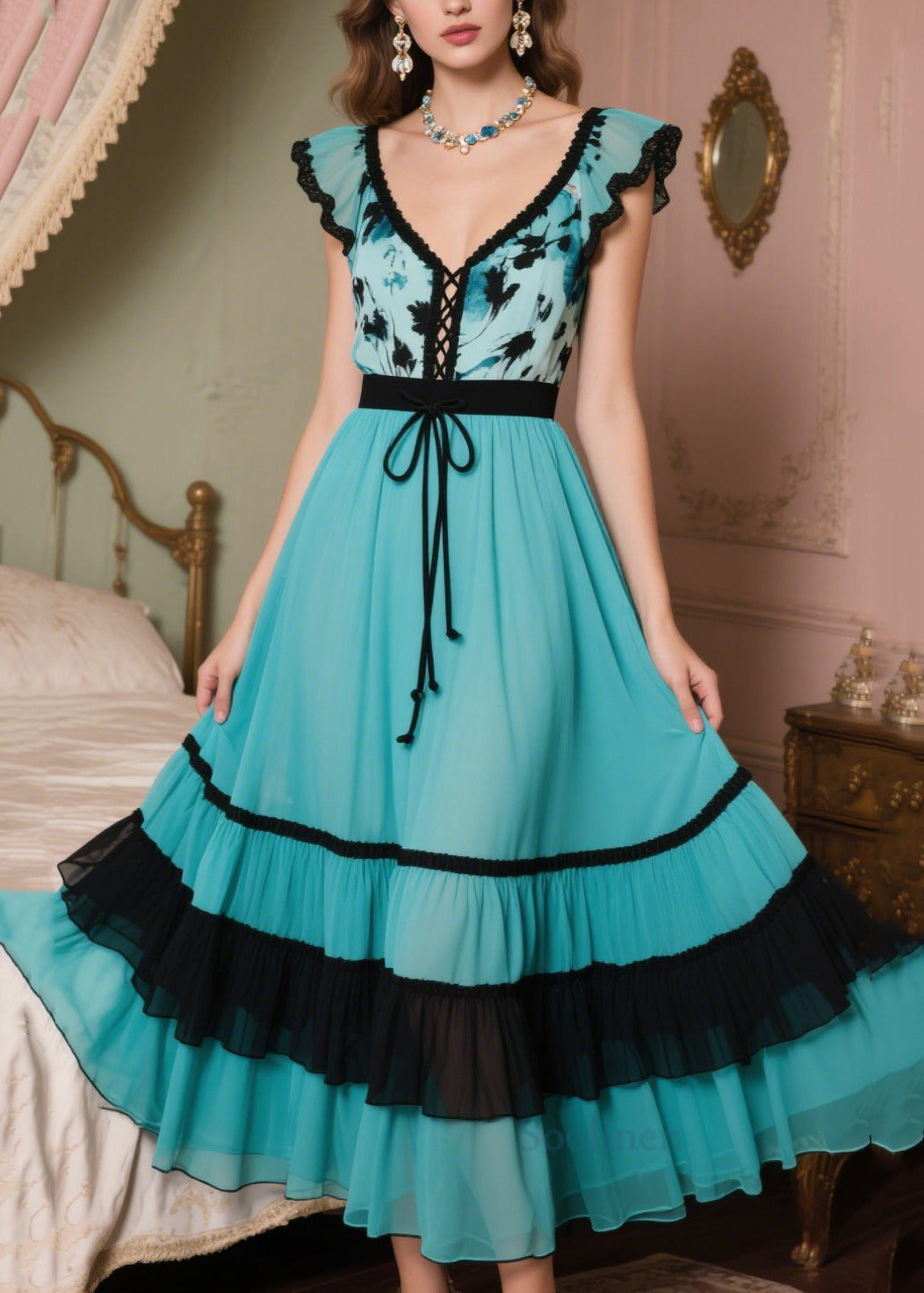 Peacock Blue Patchwork Chiffon Vacation Dresses Exra Large Hem Summer