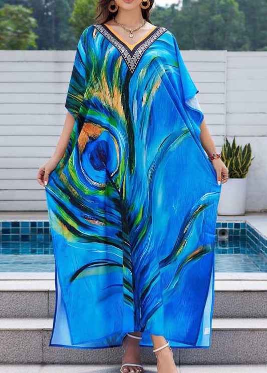 Peacock Blue Print Chiffon Beach Dress Oversized Summer