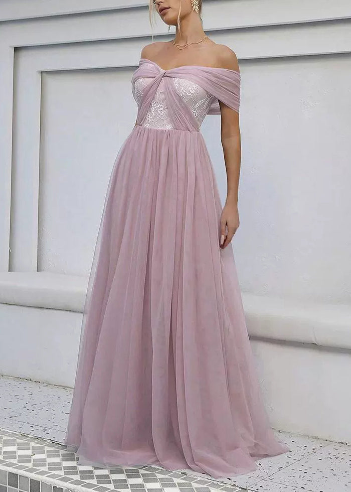 Pink Backless Wrinkled Tulle Summer Ankle Dress Slash Neck