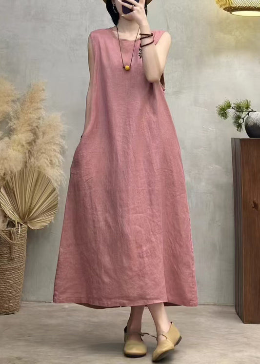 Pink Button Back Side Open Linen Dresses O Neck Summer