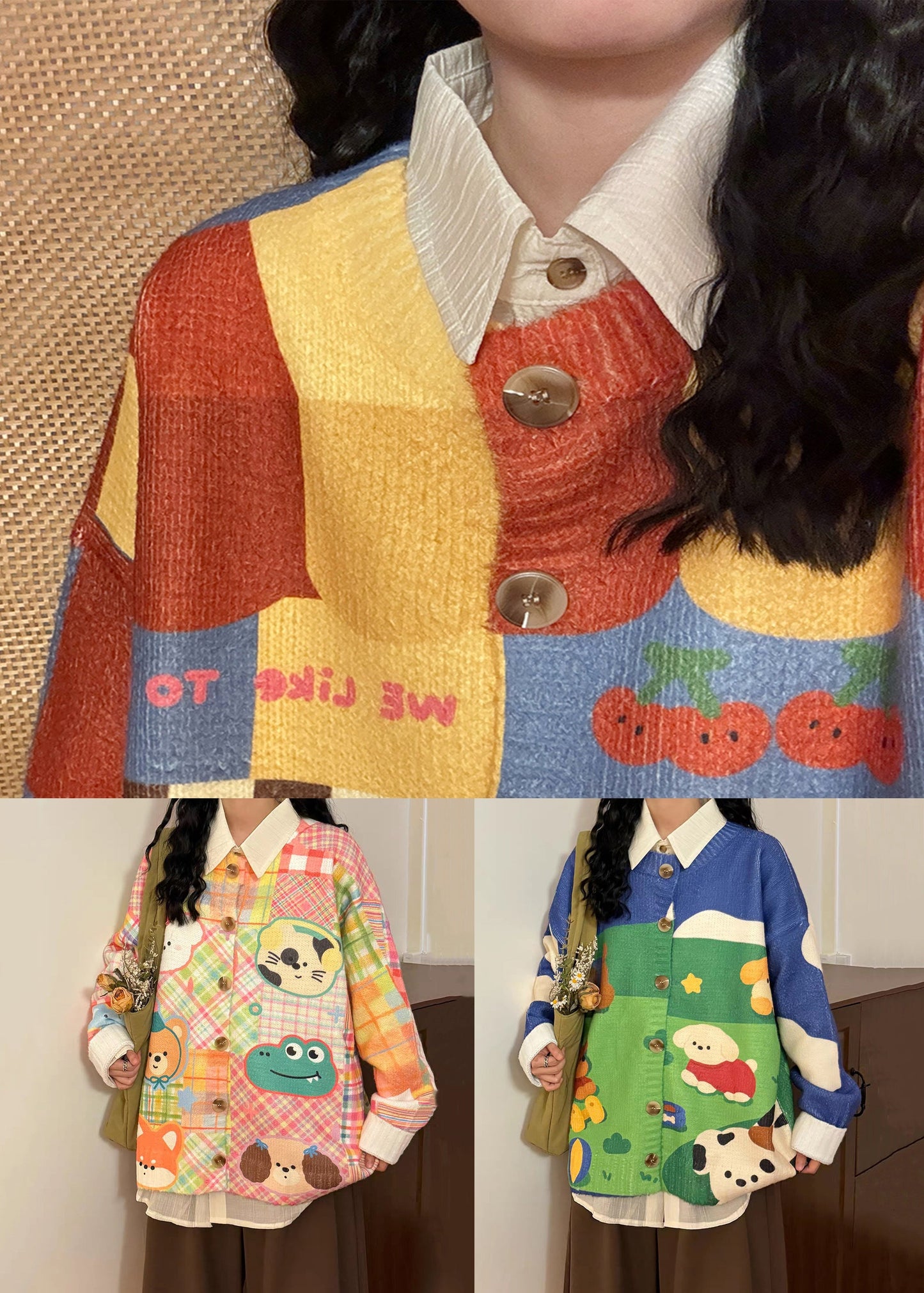Pink Button Cartoon Print Knit Sweater Tops O Neck Spring
