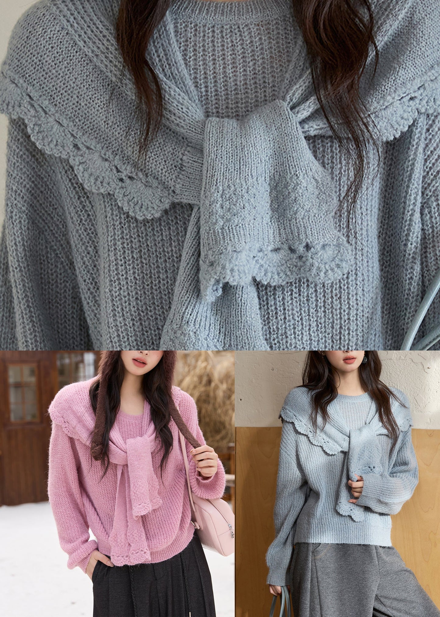 Pink Cozy Solid Cotton Knit Sweaters And Shawl Two Piece Set Spring