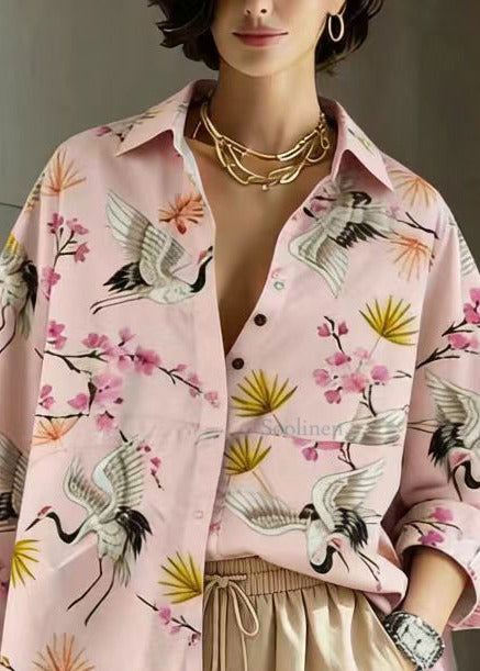 Pink Crane Peter Pan Collar Low High Design Cotton Shirt Long Sleeve