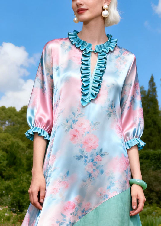 Pink Floral Patchwork Linen Silk Dress Ruffled Summer