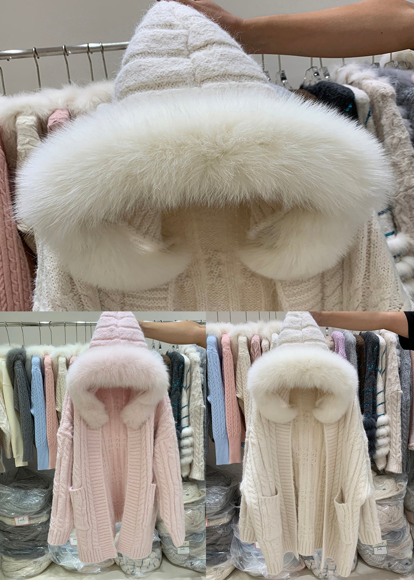 Pink Fox Collar Pockets Patchwork Cable Knit Cardigan Hooded