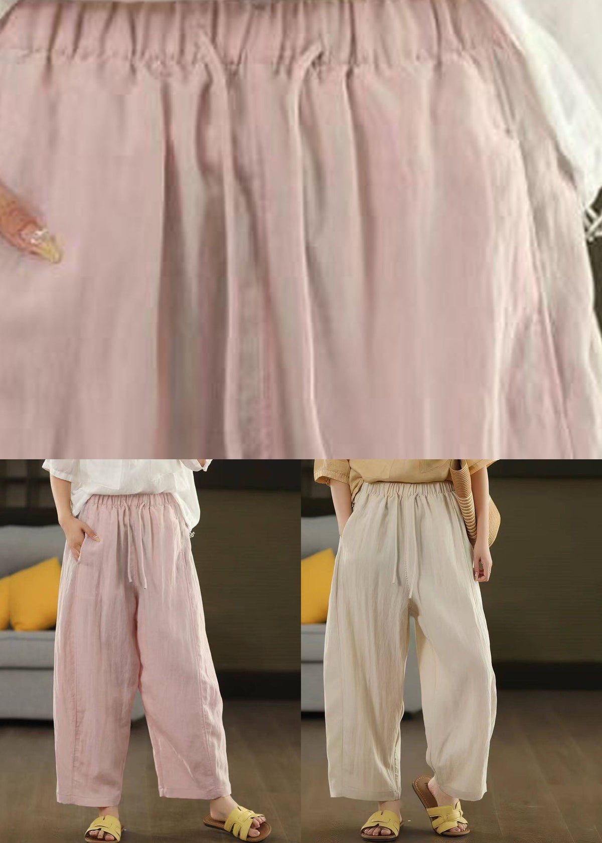 Pink Hollow Out Drawstring Solid Harem Pants