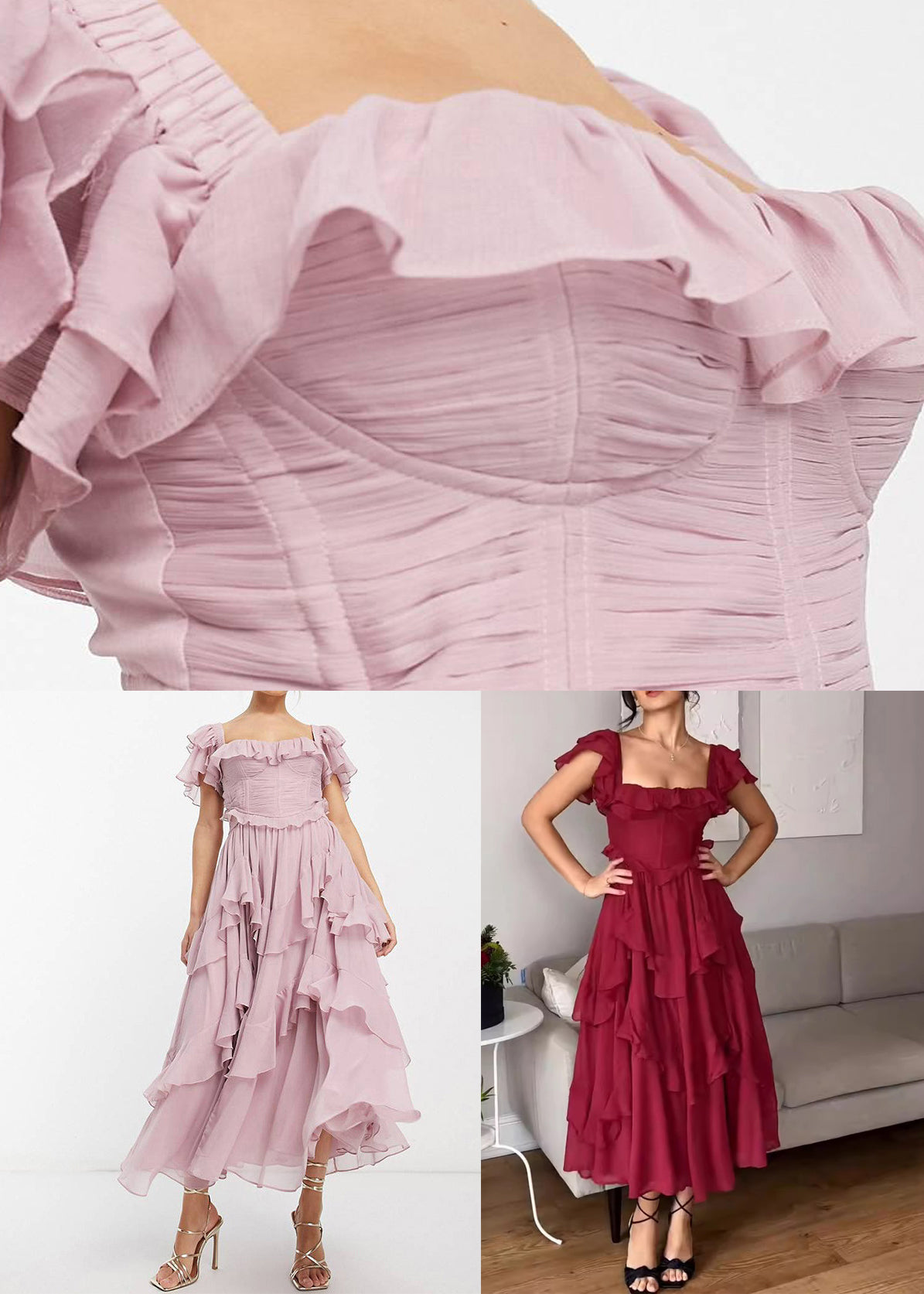 Pink Hollow Out Wrinkled Cotton Summer Dresses Square Collar