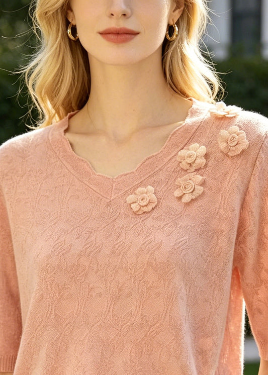 Pink Jacquard Knit Shirt Top Stereoscopic Floral Summer