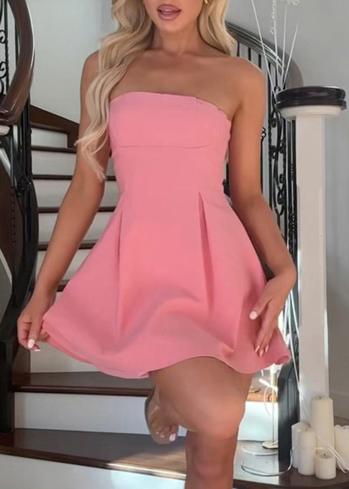 Pink Lace Up Cotton Sleeveless Mini Dress Cold Shoulder