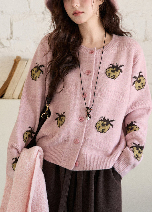 Pink O-Neck Patchwork Cotton Knit Cardigans Spring