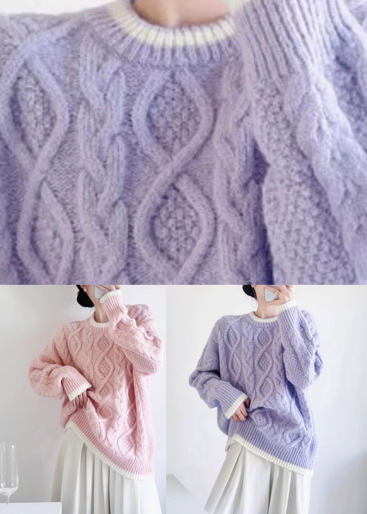 Pink Patchwork Cozy Cotton Knit Sweater Long Sleeve