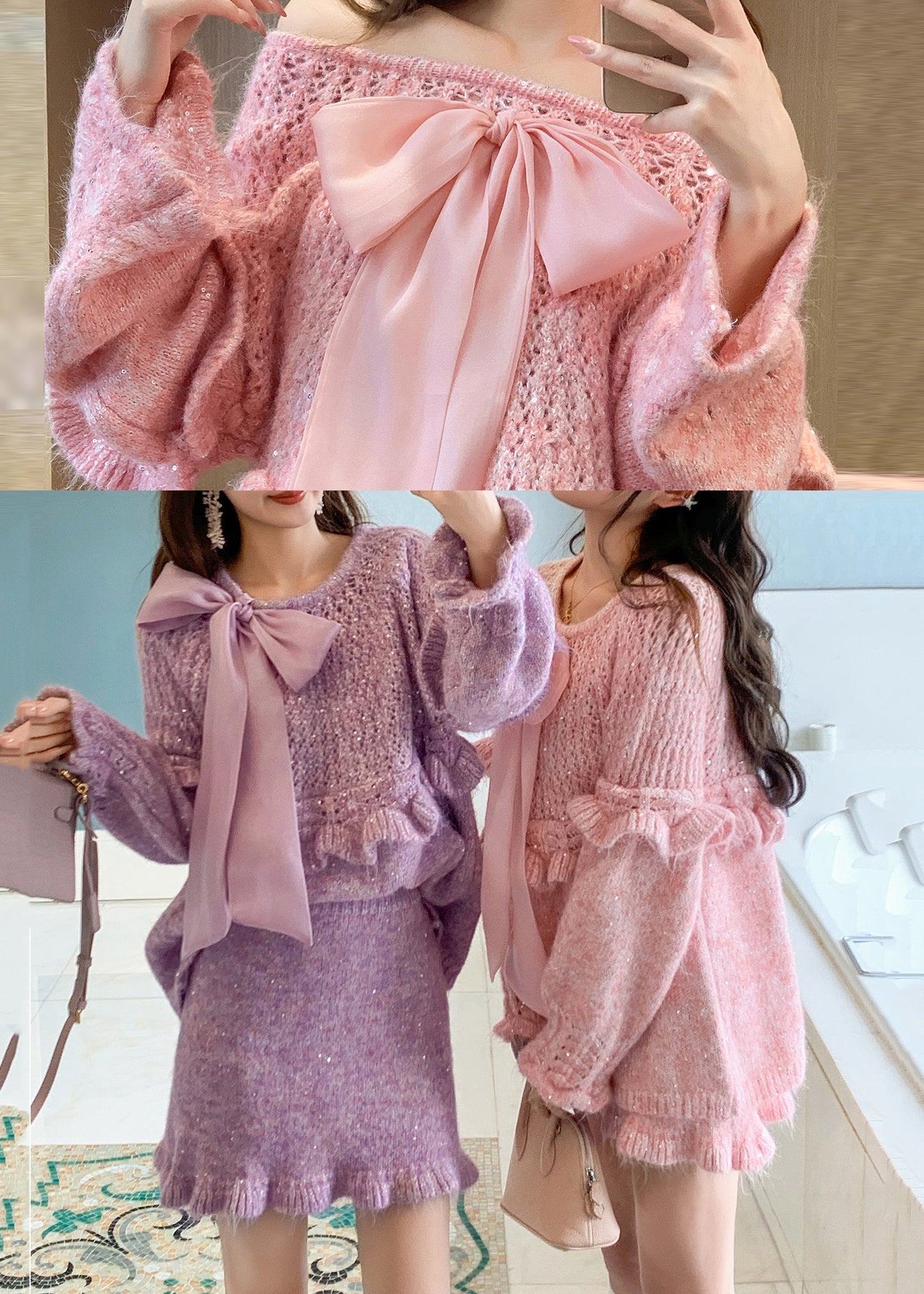 Pink Patchwork Knit Two Pieces Set Ruffled Bow Spring