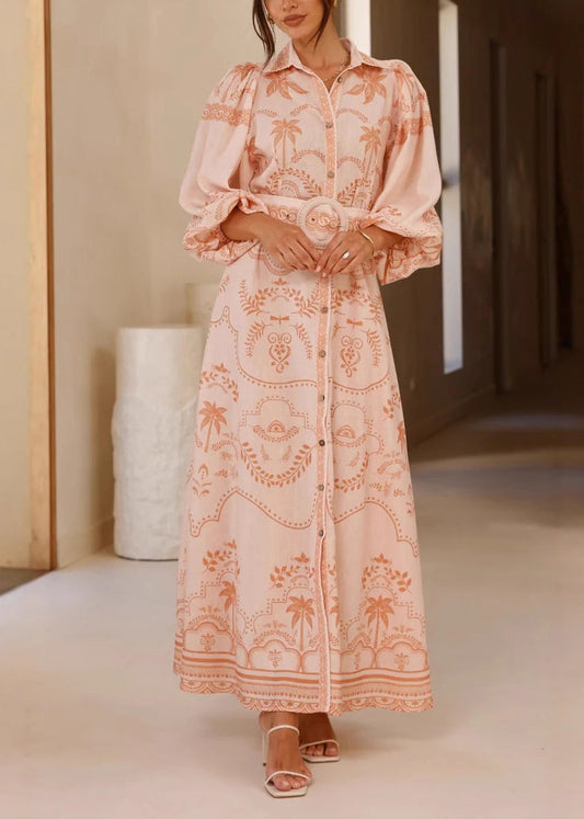 Pink Peter Pan Collar Button Long Dresses Fall