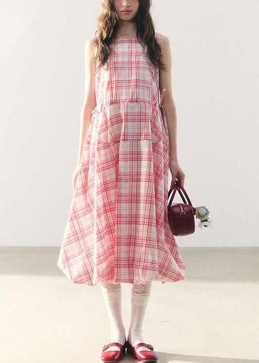Pink Plaid Lace Up Cotton Long Dress Zippered Summer
