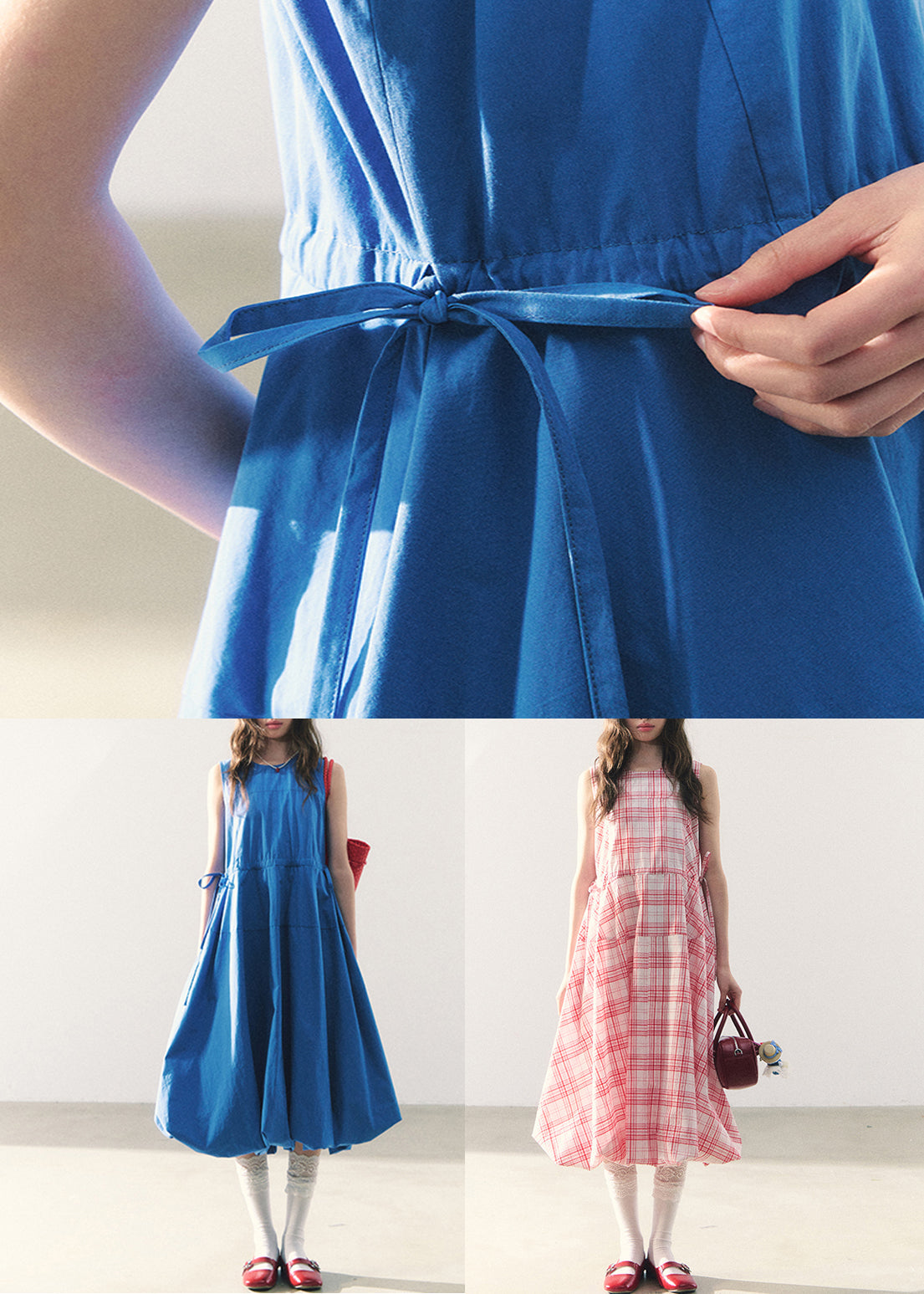 Pink Plaid Lace Up Cotton Long Dress Zippered Summer