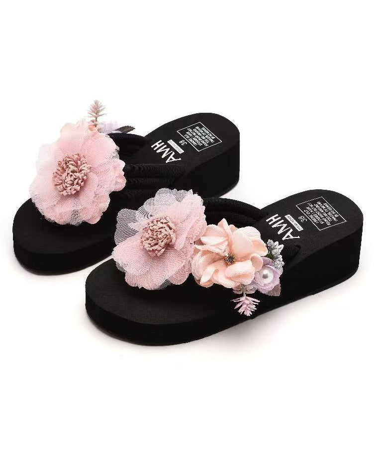 Pink Platform Faux Leather Unique Flower Thong Sandals