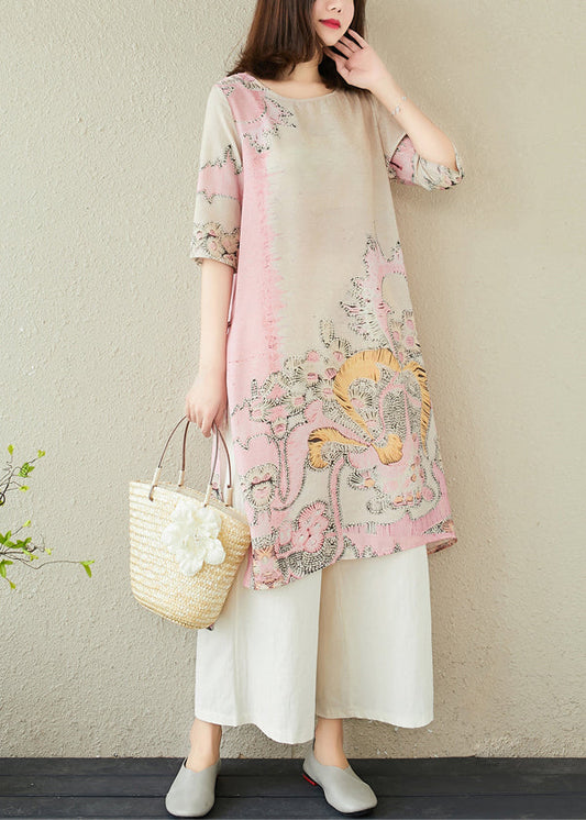 Pink Print Linen Long Dress Side Open Summer