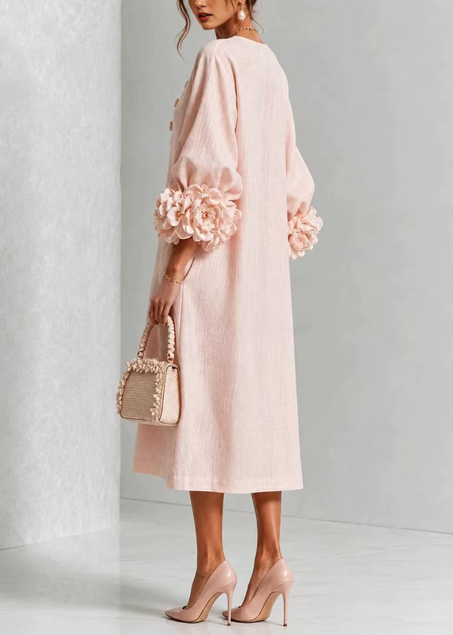 Pink Stereoscopic Floral Vacation Dresses O-Neck Fall
