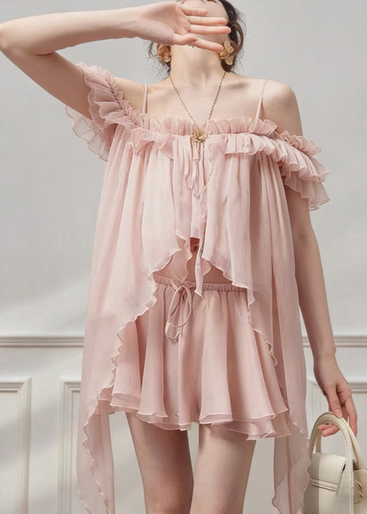 Pink Tie Lace Chiffon Top And Skirts Two Pieces Set Ruffled Summer