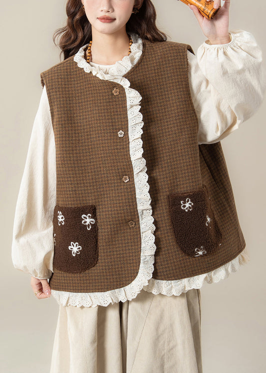 Plaid Coffee Lace Patchwork Wear On Both Sides Teddy Faux Fur Waistcoat Sleeveless