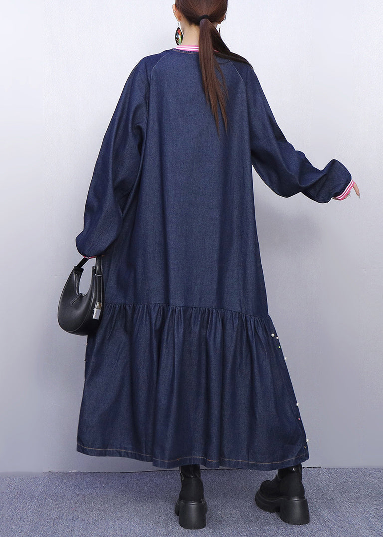 Playful Blue Flower Adorned Denim Long Dress Fall