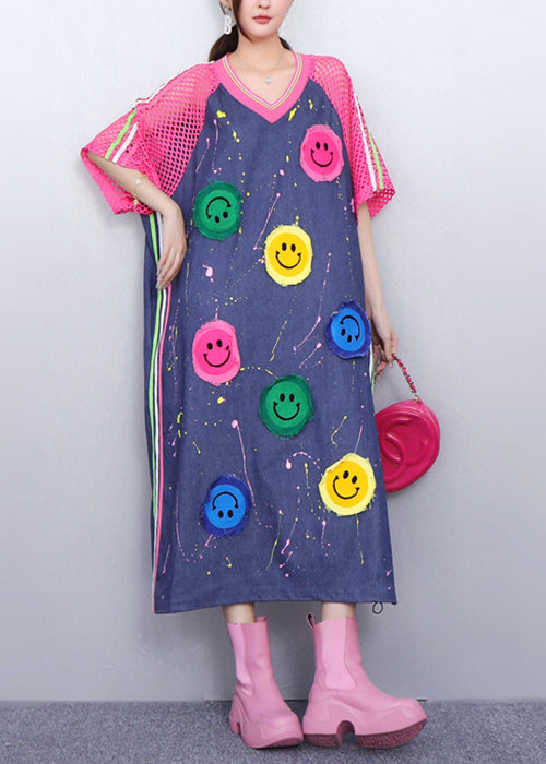 Playful Pink Smiley Hollow Out Patchwork Denim Long Dress Summer