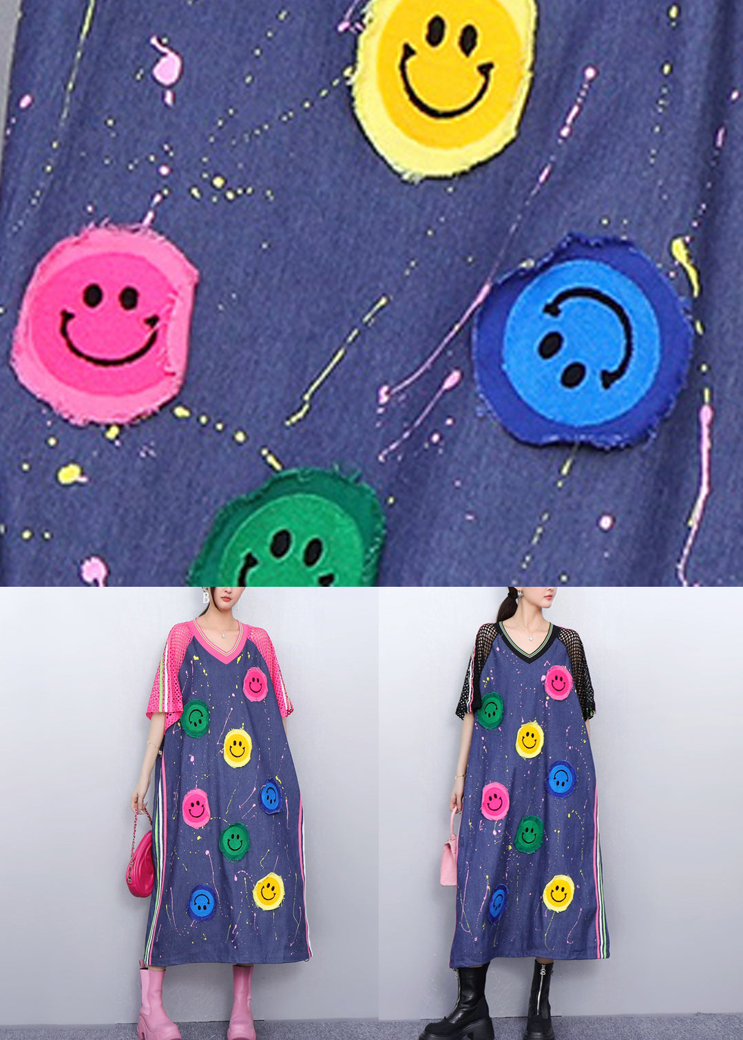 Playful Pink Smiley Hollow Out Patchwork Denim Long Dress Summer