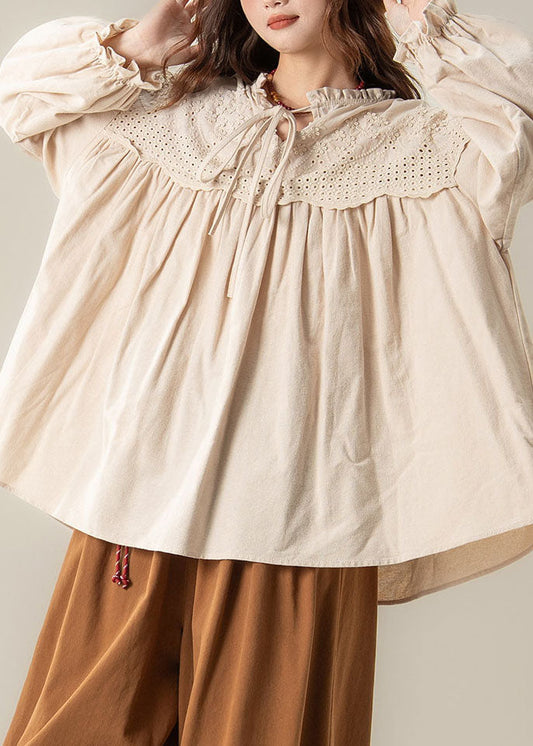 Plus Size Apricot O-Neck Patchwork Shirt Lantern Sleeve