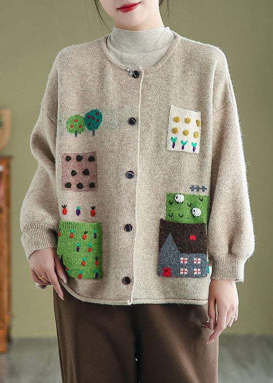 Plus Size Apricot O Neck Pockets Button Knit Cardigans Coat Fall