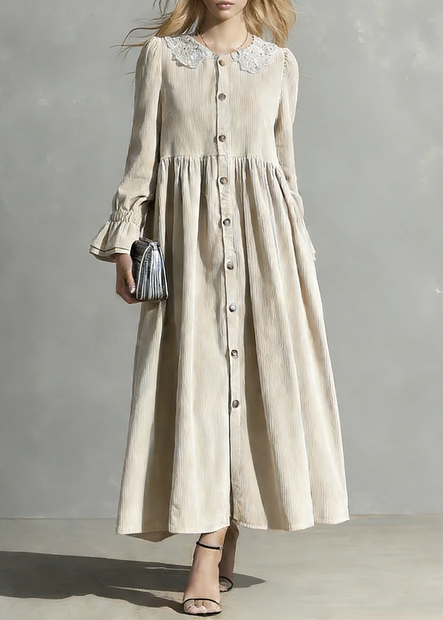 Plus Size Apricot Peter Pan Collar Button Corduroy Blouses Dresses Spring