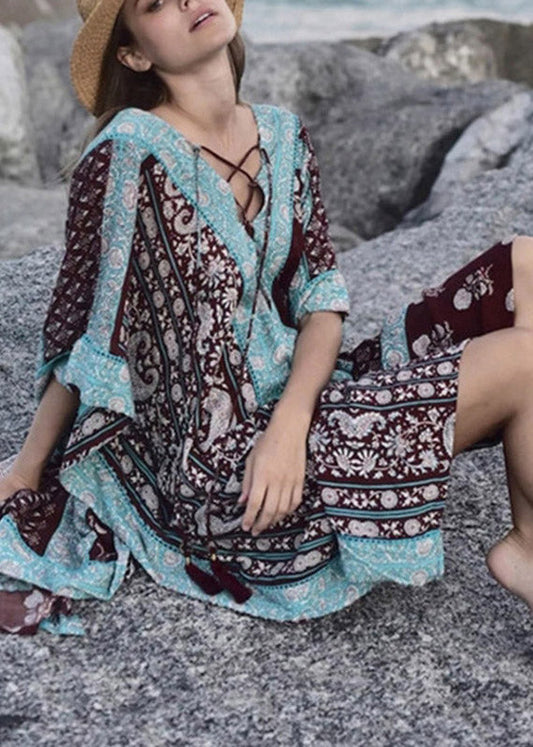 Plus Size Baby Blue V Neck Print Side Open Maxi Holiday Dresses Short Sleeve