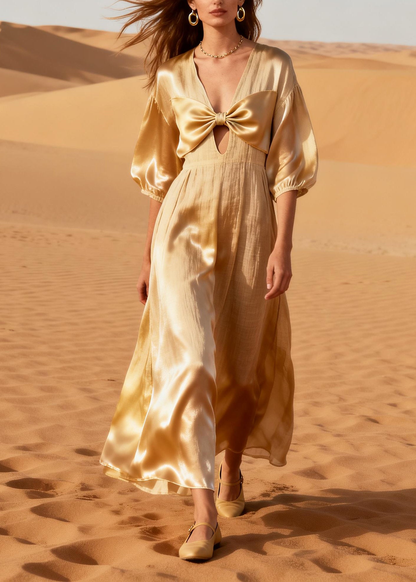 Plus Size Beige Deep-V Neck Bow Linen Silk Long Dress Summer