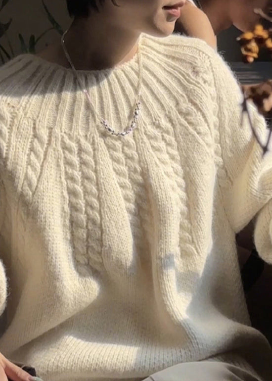 Plus Size Beige O Neck Thick Cozy Cable Knit Sweater Winter