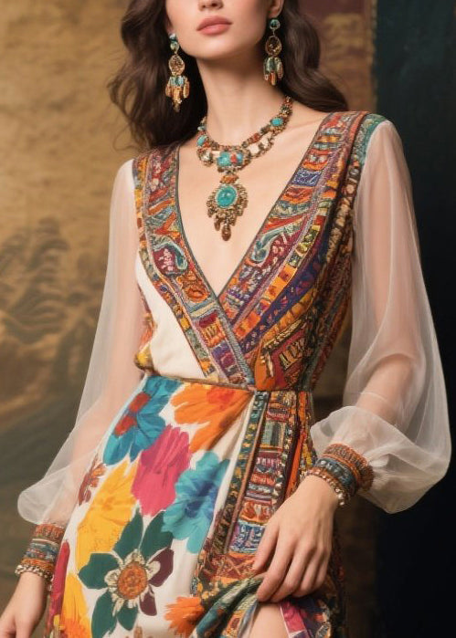 Plus Size Beige Print Patchwork Tulle Robe Dresses Summer