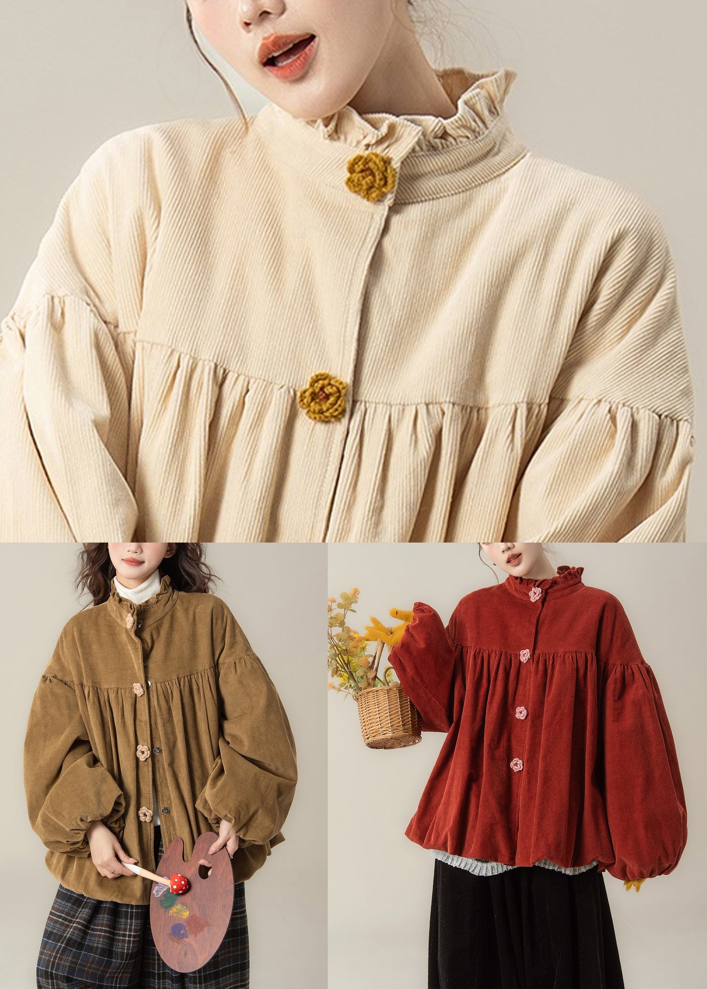 Plus Size Beige Ruffled Solid Corduroy Cotton Filled Parkas Winter