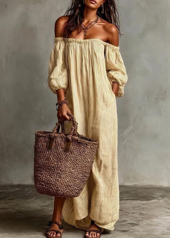 Plus Size Beige Slash Neck Striped Cotton Ankle Dress Summer