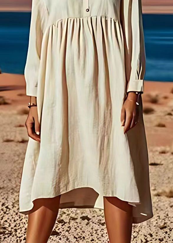 Plus Size Beige V Neck Wrinkled Patchwork Linen Dresses Long Sleeve