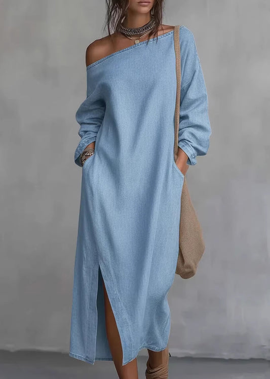 Plus Size Black Cold Shoulder Side Open Cotton Dress Long Sleeve