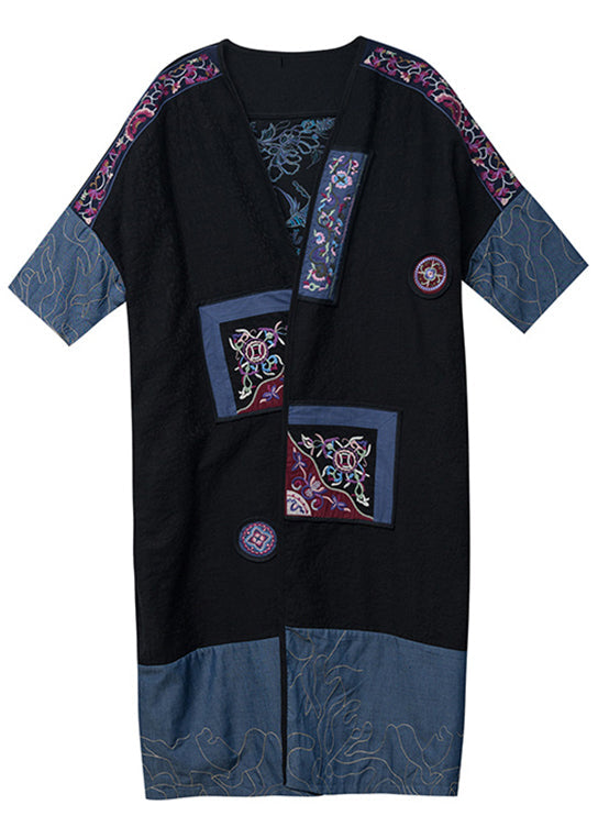 Plus Size Black Embroideried Denim Patchwork Long Cardigan Fall