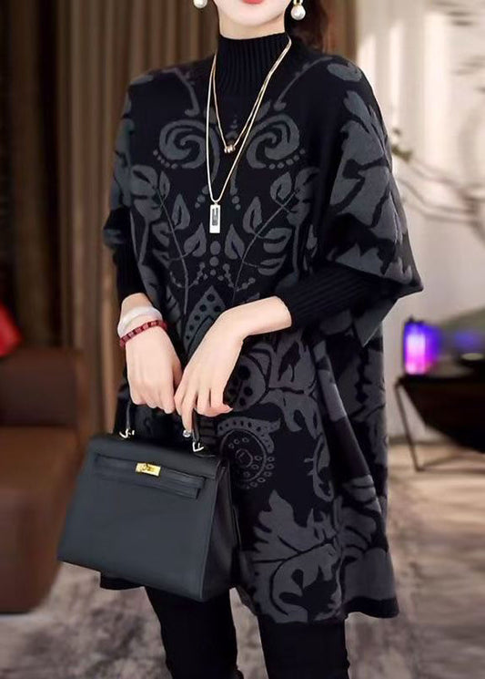 Plus Size Black Hign Neck Thick Print Knit Sweater Winter